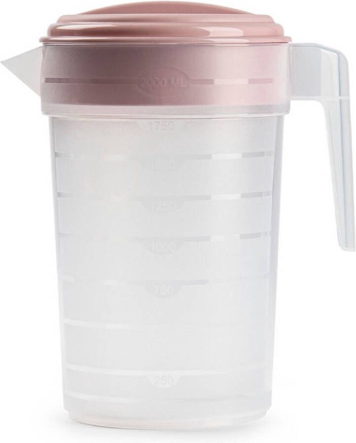 Forte Plastics Waterkan sapkan transparant roze met deksel 2 liter kunststof Smalle schenkkan die in de koelkastdeur past