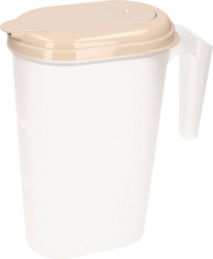 Forte Plastics Waterkan sapkan transparant taupe met deksel 1.6 liter kunststof Smalle schenkkan die in de koelkastdeur past
