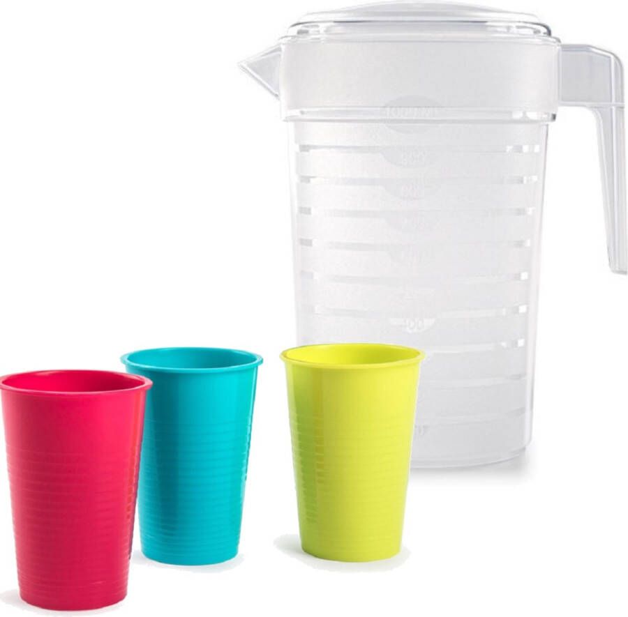 Forte Plastics Water limonade schenkkan 2 liter met 12x kunststof gekleurde glazen van 360 ML voordeelset