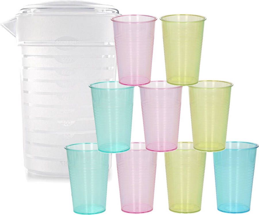 Forte Plastics Water limonade schenkkan sapkan 2 liter met 12x stuks kunststof gekleurde glazen van 200 ML voordeelset