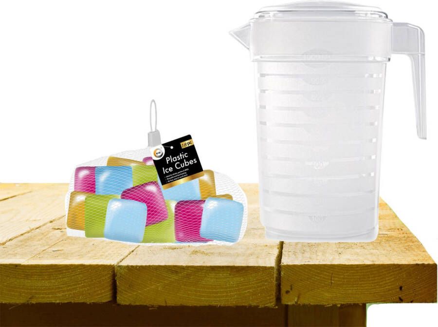 Forte Plastics Water sapkan schenkkan karaf met deksel 1000 ml met 18x herbruikbare ijsklontjes Gekoelde drankjes serveren