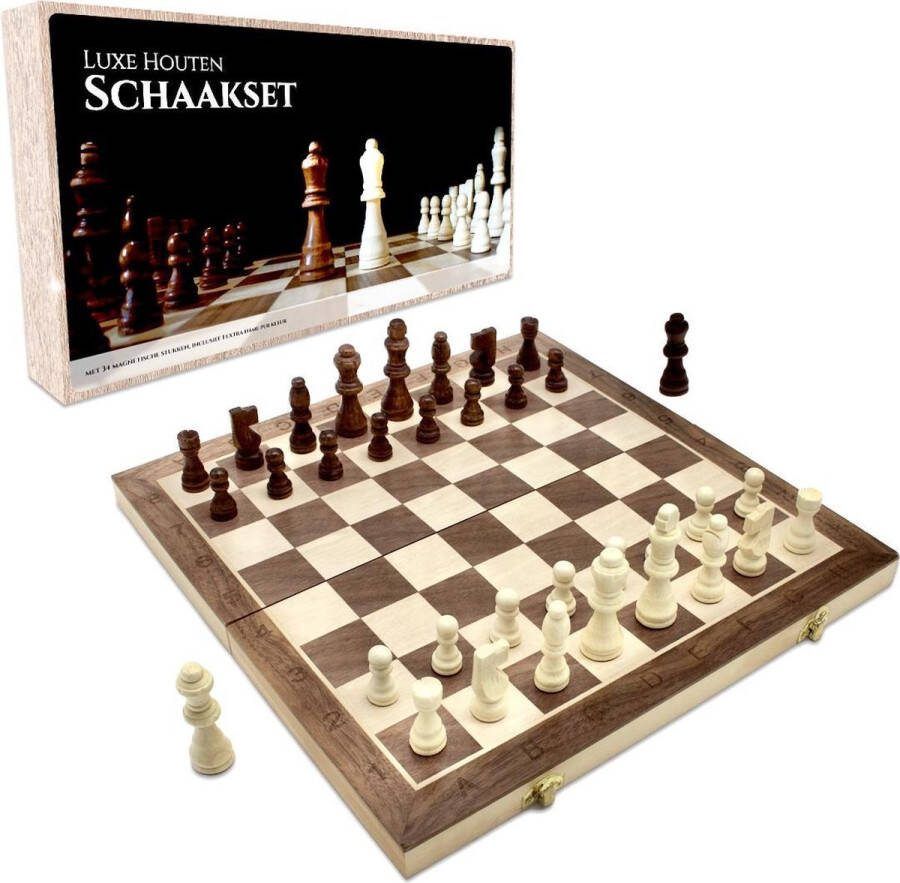 Fortecom Premium schaakbord met coördinaten 2 extra dames 100% houten schaakset 38 cm magnetisch inclusief schaakstukken chess set schaakborden schaken schaak schaakspellen