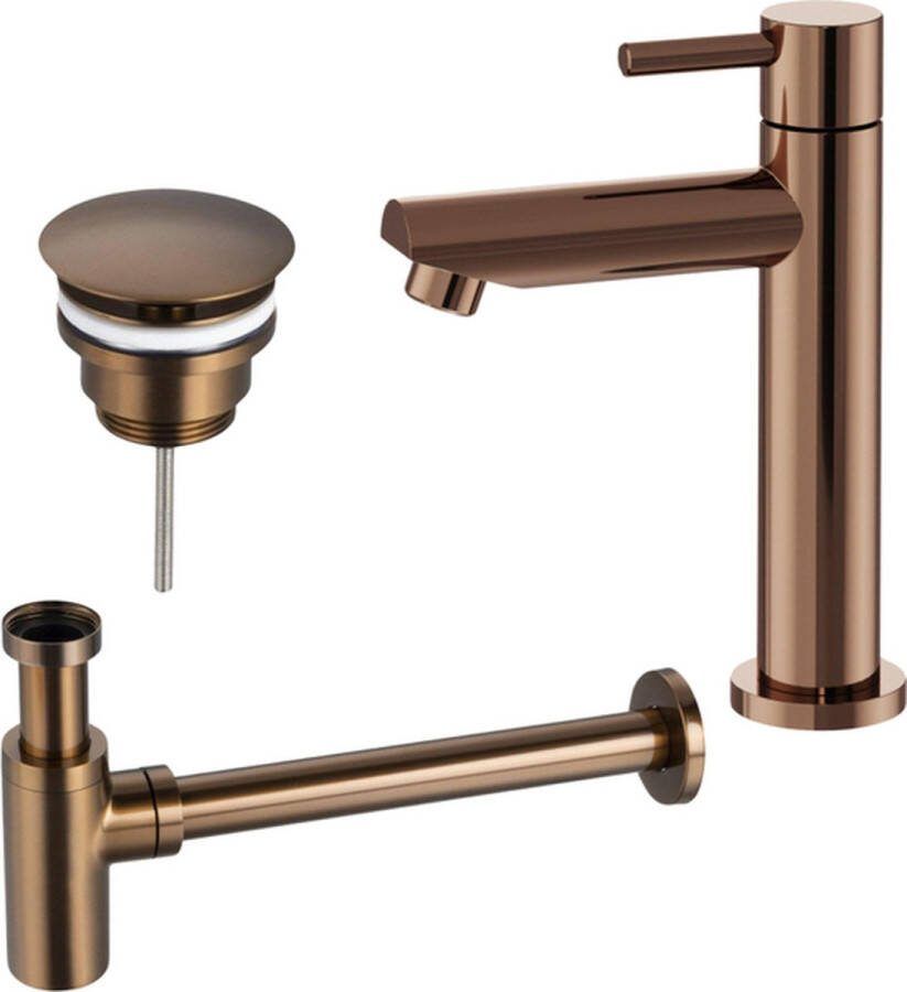FortiFura Calvi fonteinkraanset met staande fonteinkraan laag always open plug en design sifon PVD Geborsteld Koper
