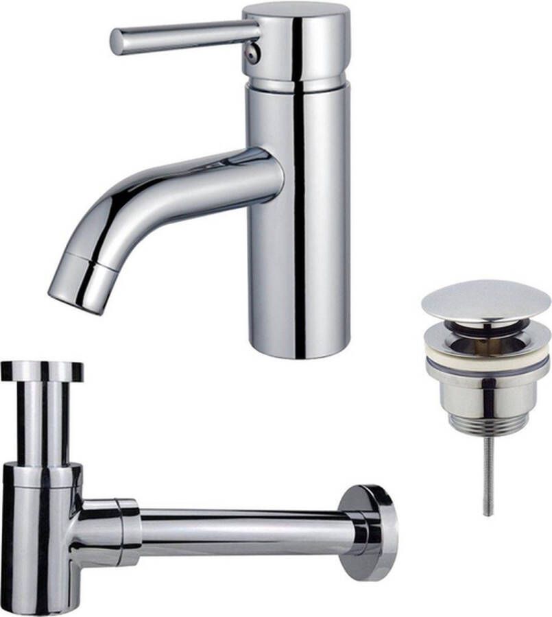 FortiFura Calvi Wastafelkraanset lage wastafelkraan klikwaste plug verlaagde design sifon Chroom