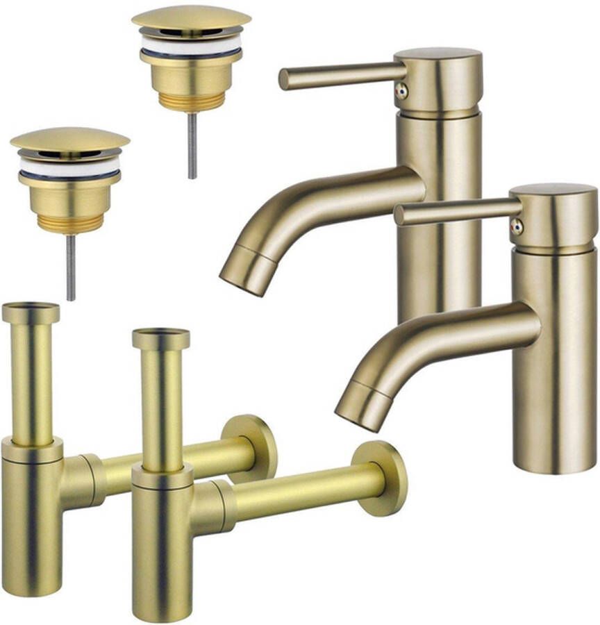 FortiFura Calvi Wastafelkraanset voor dubbele wastafel lage wastafelkraan always open plug design sifon PVD Geborsteld Messing