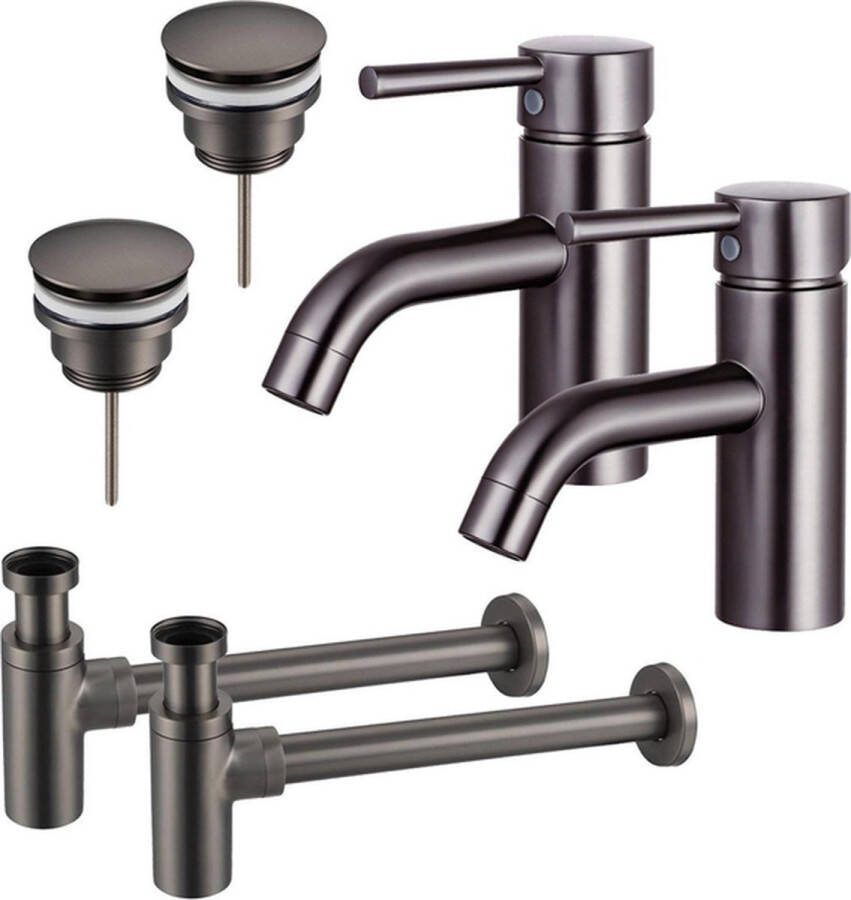 FortiFura Calvi Wastafelkraanset voor dubbele wastafel lage wastafelkraan klikwaste plug design sifon PVD Gepolijst Gunmetal