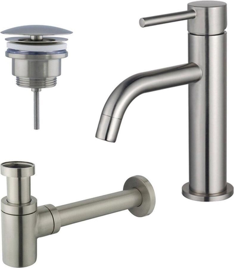 FortiFura Calvi Slim Wastafelkraanset lage wastafelkraan always open plug verlaagde design sifon PVD Geborsteld RVS