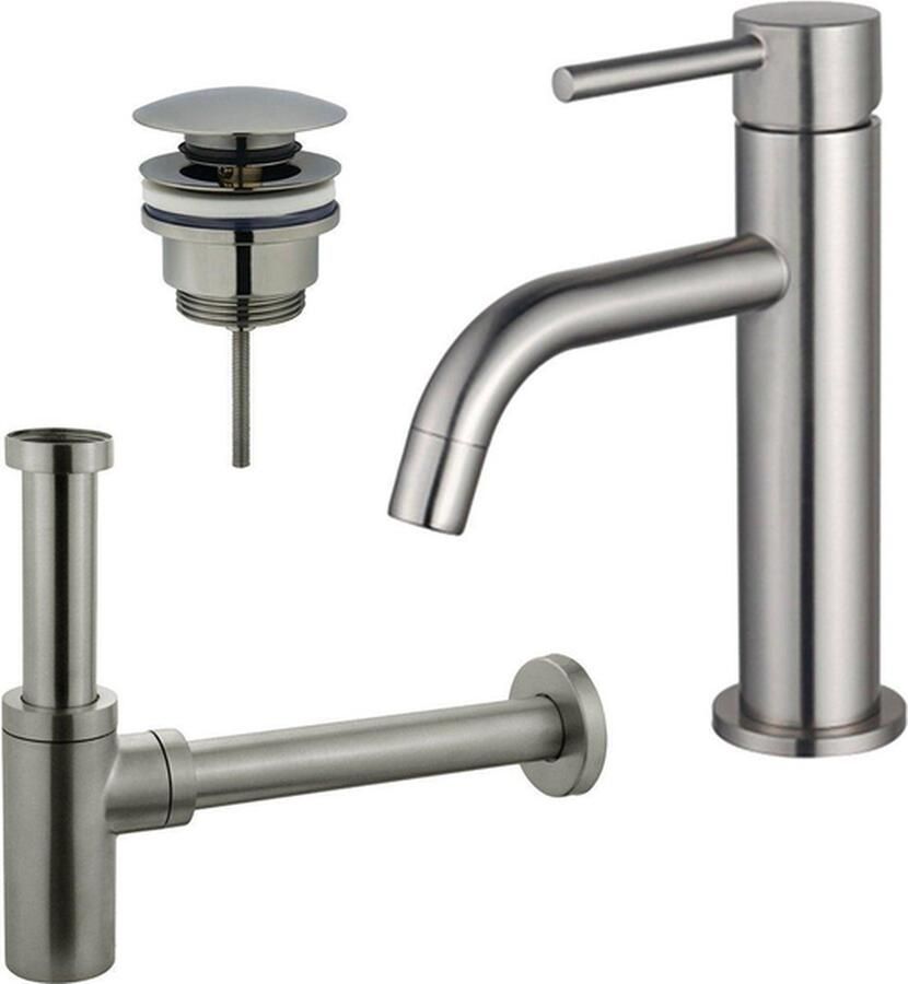 FortiFura Calvi Slim Wastafelkraanset lage wastafelkraan klikwaste plug design sifon PVD Geborsteld RVS