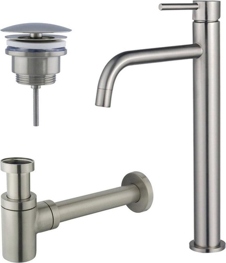 FortiFura Calvi Slim Wastafelkraanset verhoogde wastafelkraan always open plug verlaagde design sifon PVD Geborsteld RVS