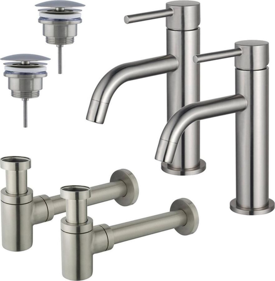 FortiFura Calvi Slim Wastafelkraanset voor dubbele wastafel lage wastafelkraan always open plug verlaagde design sifon PVD Geborsteld RVS