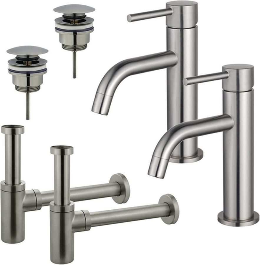 FortiFura Calvi Slim Wastafelkraanset voor dubbele wastafel lage wastafelkraan klikwaste plug design sifon PVD Geborsteld RVS