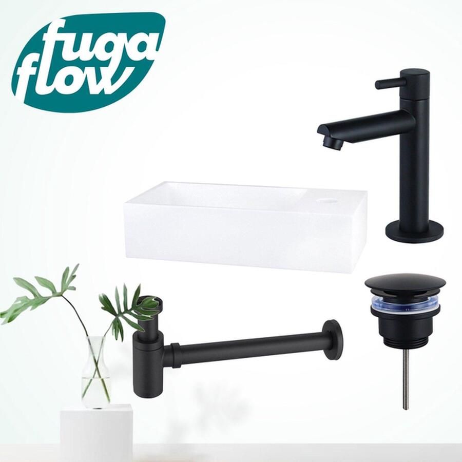 FortiFura Fuente fonteinset 36x18.5x9cm 1 kraangat solid surface fonteinkraan zwart mat wit