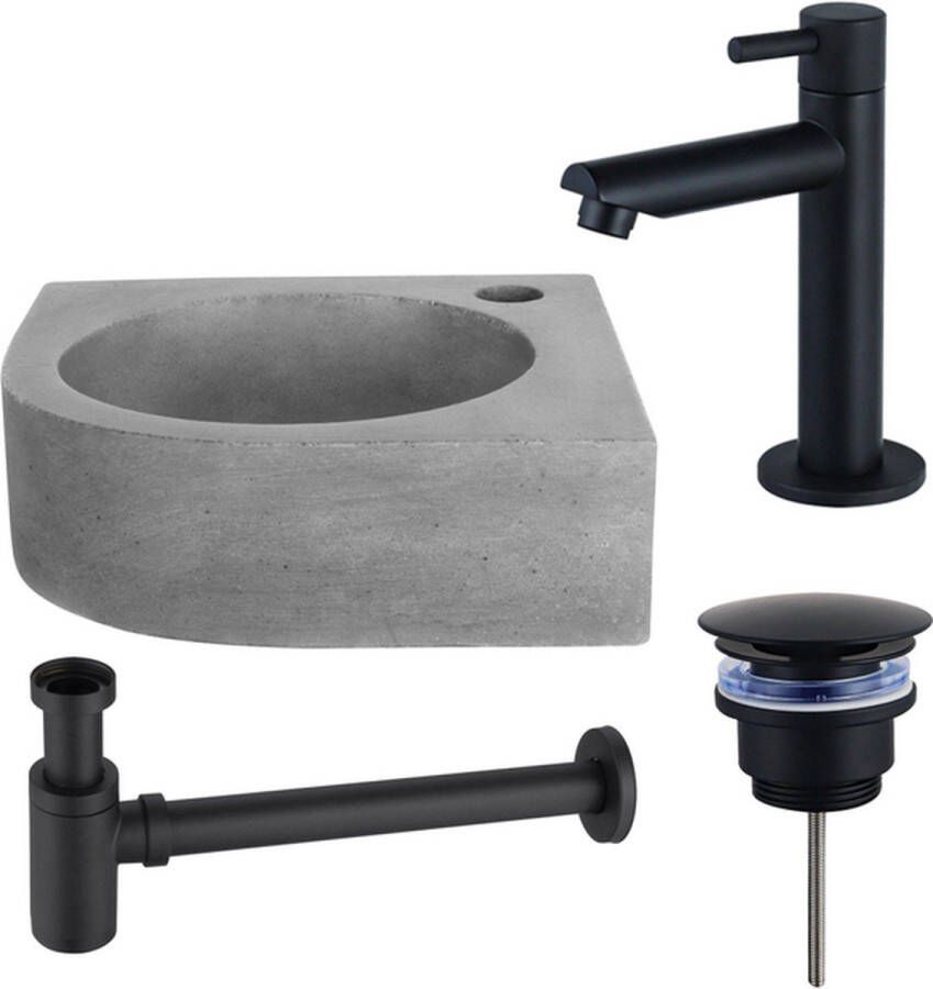 FortiFura Fuente fonteinset 31.5x31.5x10cm 1 kraangat hoek fonteinkraan zwart mat beton