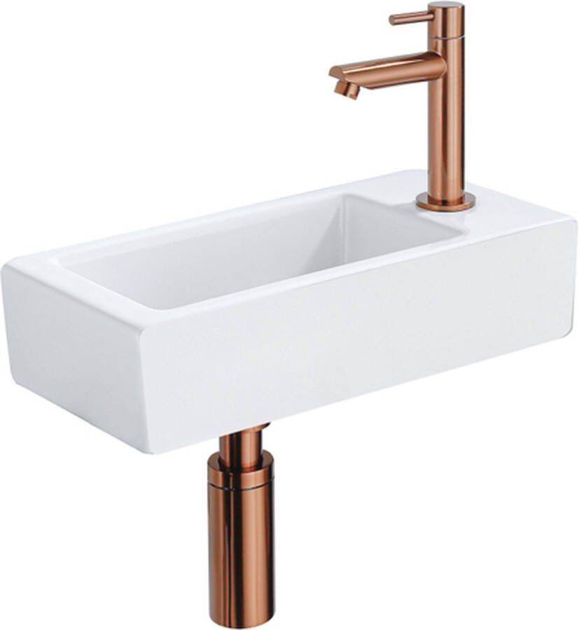 FortiFura Fuente fonteinset 36x18.5x9cm 1 kraangat solid surface fonteinkraan koper mat wit