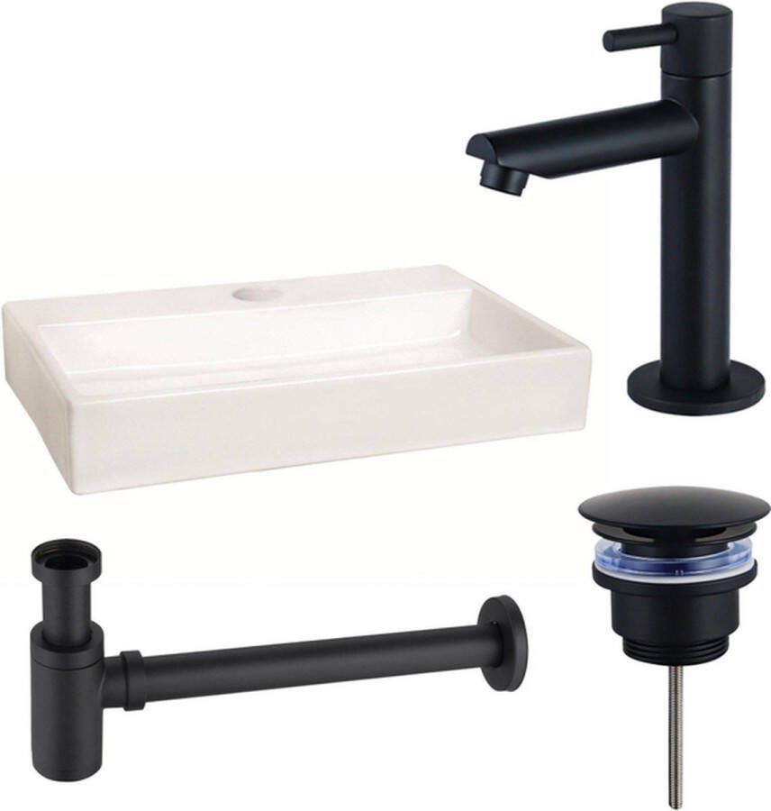 FortiFura Fuente fonteinset 38x7x24cm 1 kraangat keramiek fonteinkraan zwart mat glans wit