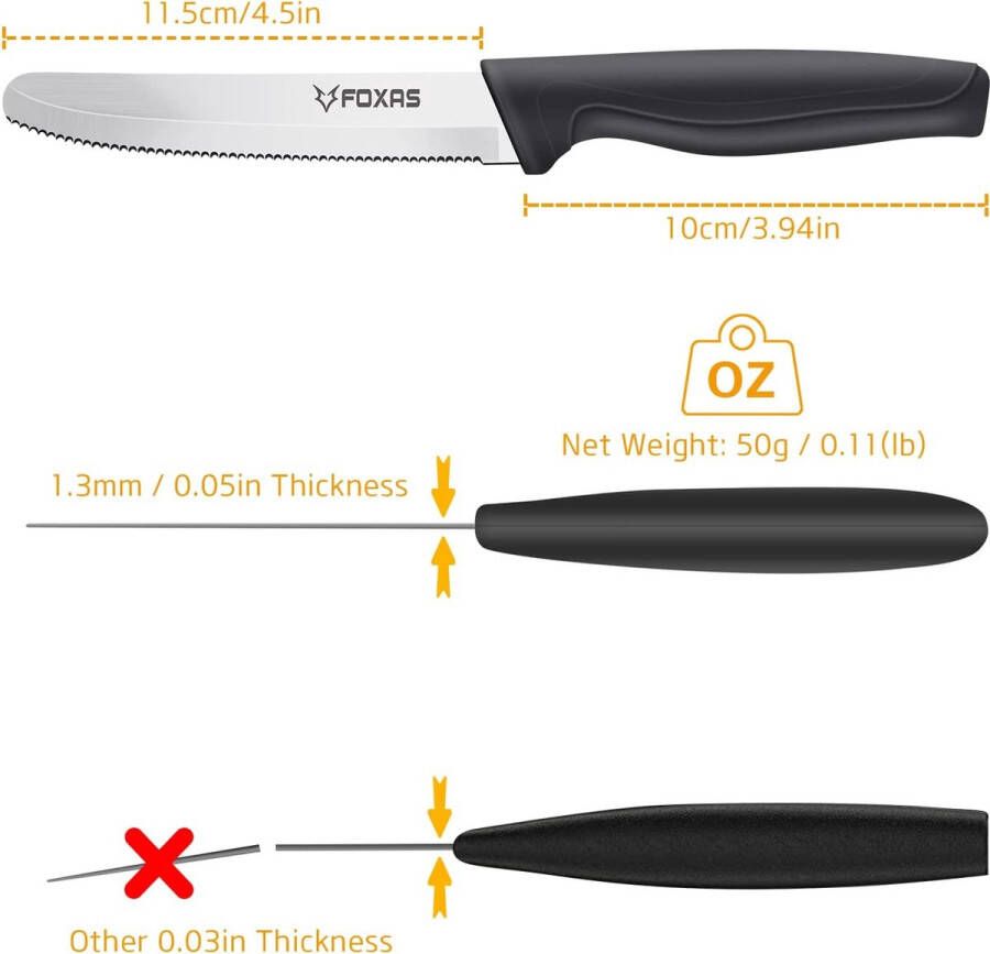 FOXAS Steakmessen set van 6 roestvrij staal getand ultra scherp tafelmessen met anti-slip TPR-handgreep vaatwasmachinebestendig