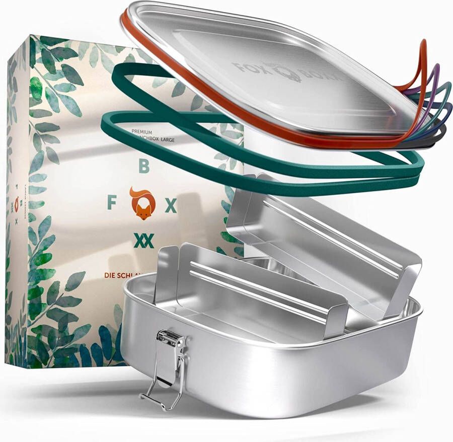 FOXBOXX Premium roestvrijstalen lunchbox lekvrij met compartiment plasticvrij duurzaam lunchbox broodtrommel metalen doos Bento kinderschool maat naar keuze