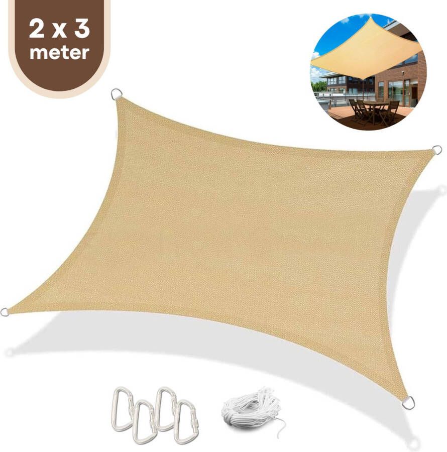 FOXLY Schaduwdoek Rechthoek 2 x 3 Meter Crème HDPE Materiaal Incl. Touw en Karabijnhaken Schaduwdoeken Schaduwnet Zonwering