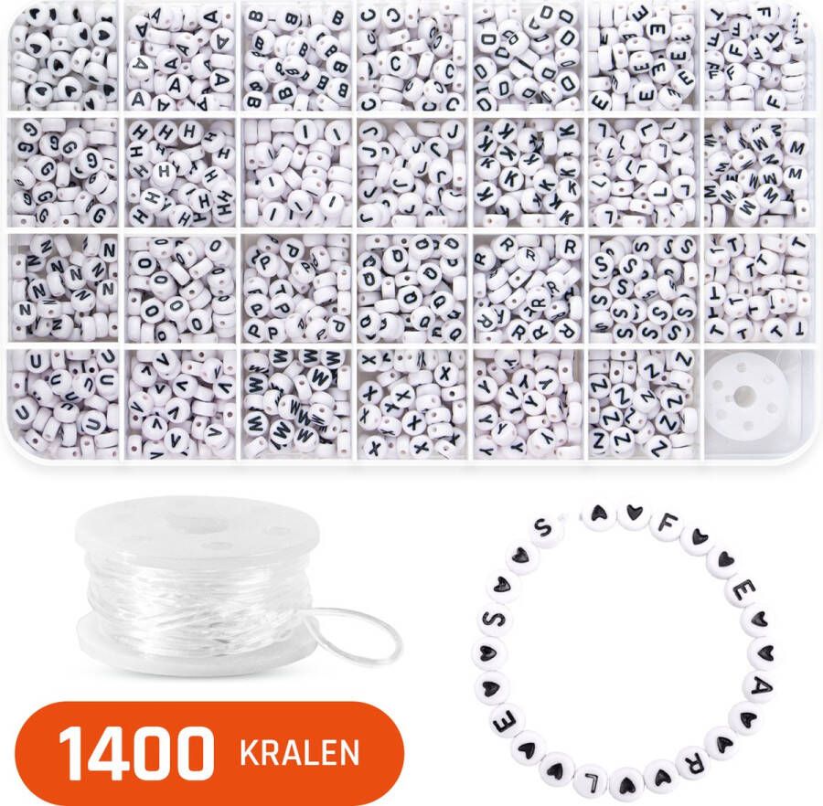 Foxoo Letterkralen voor Sieraden maken Alfabet kralen voor ketting armband telefoonkoord etc. Acryl – Wit met zwarte letter 7 mm 1400 stuks gesorteerd