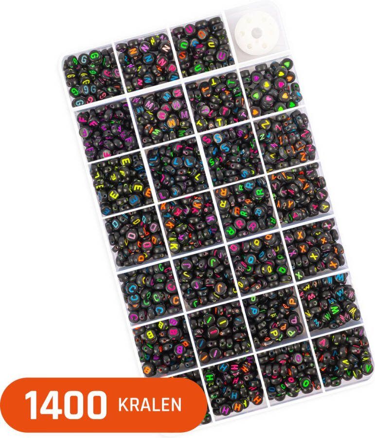 Foxoo Letterkralen voor Sieraden maken Alfabet kralen voor ketting armband telefoonkoord etc. Acryl – Zwart met gekleurde letter 7 mm 1400 stuks gesorteerd