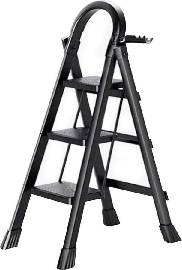 FOXSPORT Huishoudtrap 3 treden Keukentrap Inklapbaar Trapladder Anti-Slip veiligheid Lichtgewicht Max. Werkhoogte 250cm Zwart