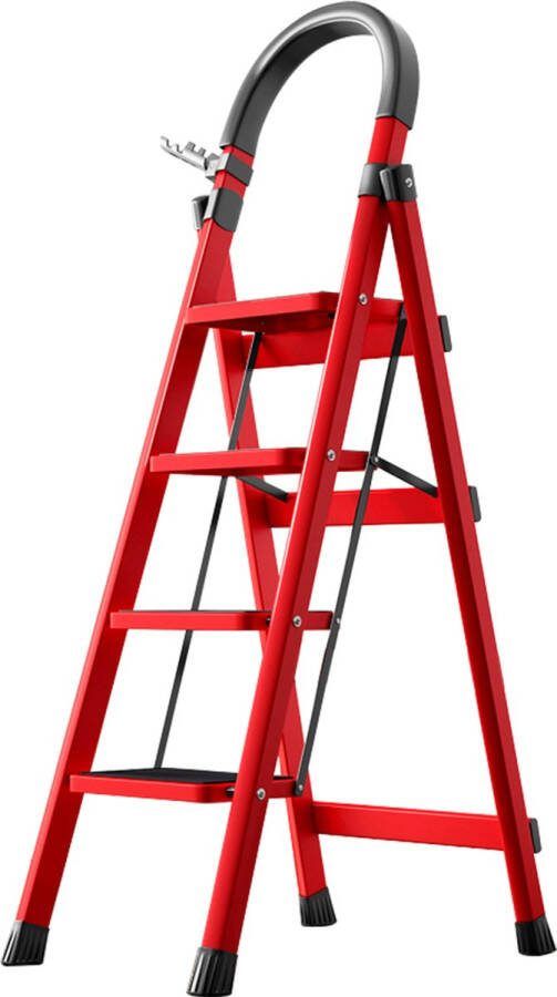 FOXSPORT Huishoudtrap 4 treden Keukentrap Inklapbaar Trapladder Anti-Slip veiligheid Lichtgewicht Max. Werkhoogte 279cm Rood