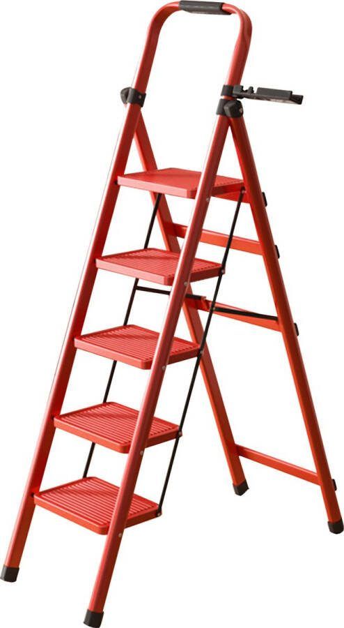 FOXSPORT Keukentrap 5 treden huishoudtrap Opvouwbaar Inklapbaar opstapje Antislip -Met gereedschapshouder metaal Max. Werkhoogte 322 cm Rood