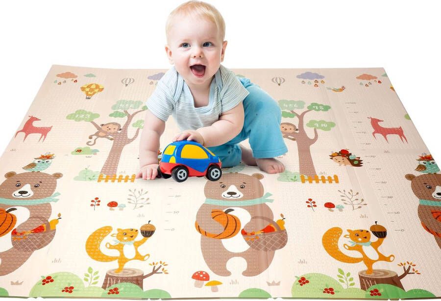 FOXSPORT Speelmat Baby Kinderen Slijtvast materiaal op doekbasis-Kinderen-Antislip en Waterafstotend Kruipmat Dubbelzijdig Speelkleed XL Opvouwbaar 1CM Dik Foam Panda & Hertje 180 x 200 CM kampeermat