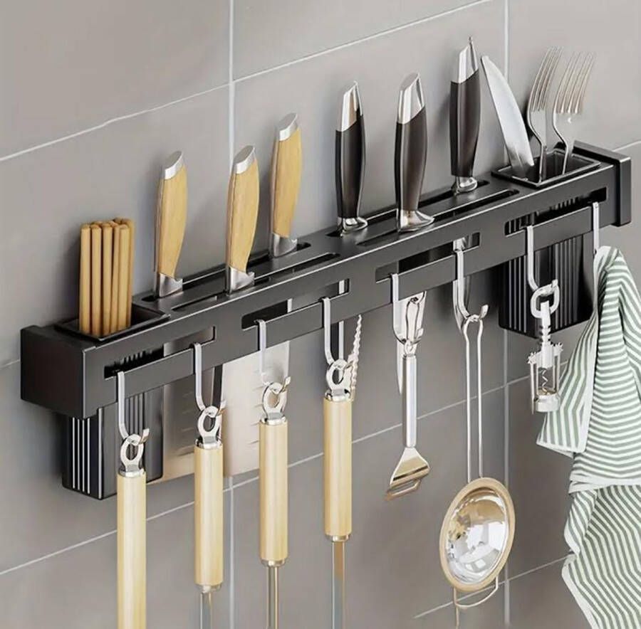 FR Service Keukenrek Hangend ophangbaar Kruidenrek keukenrek hangend muur roestvrij staal kookrek 50 cm messenblok wandrek metaal zwart keuken organizer aanrecht organiser messenhouder met of zonder boren