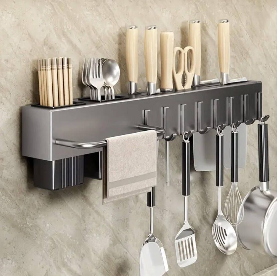 FR Service Keukenrek Hangend ophangbaar Kruidenrek keukenrek hangend muur roestvrij staal kookrek 60 cm messenblok wandrek metaal grijs keuken organizer aanrecht organiser messenhouder met of zonder boren