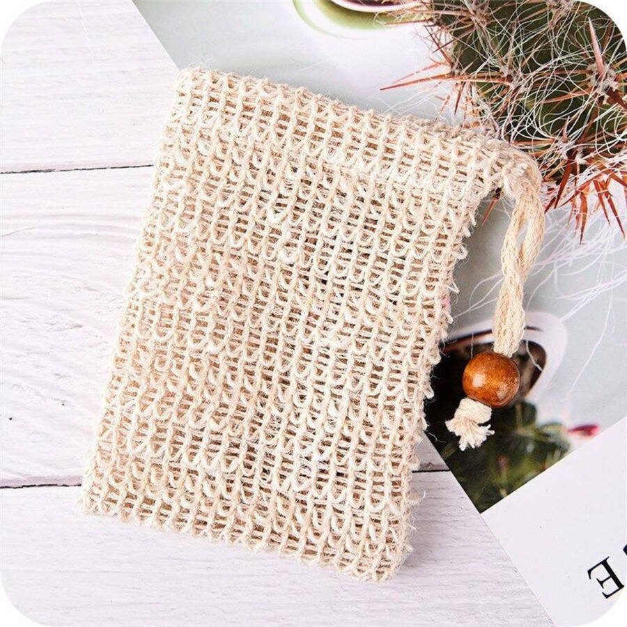 Franse zeep Shampoo Bar Zakje Soap Bag Zeepbakje houder met zakje van Biologisch Katoen Zeepdispenser Sisal voor body bar en shampoo 10 x 12 cm Wit Beige