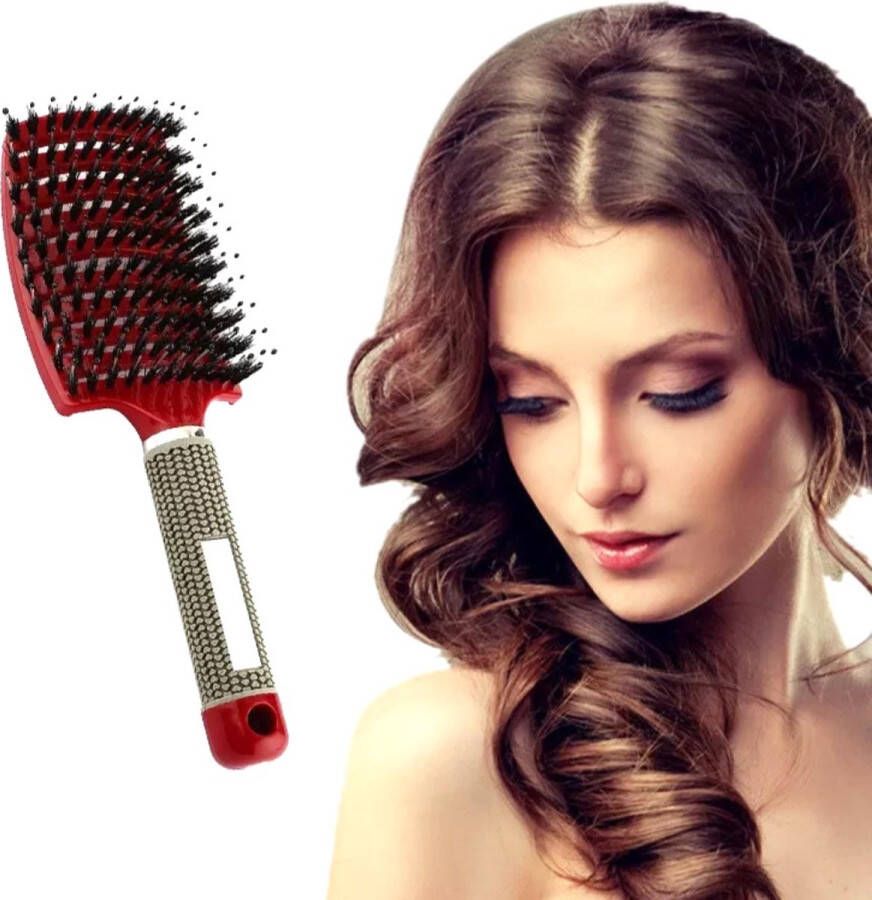 Frazimashop.nl Frazimashop-Haarborstel- Everzwijnhaar -kleur donker rood-Antiklit haarborstel Detangle Brush kappers haarborstel -voor alle haartypen borstel varkenshaar bostel- Voor Mannen en Vrouwen- voor pruiken en weaves