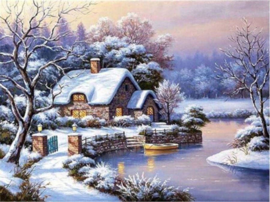 Freefs Diamond painting huis aan water winter bootje 30x40cm vierkante steentjes