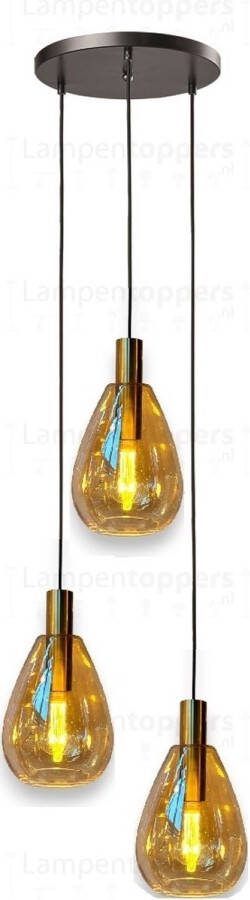 Freelight Hanglamp Dorato Zwart Goud Glas Amber 3 Lichts Rond
