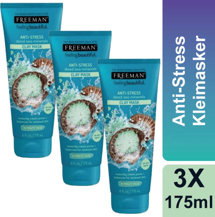 Freeman Gezichtsmasker Kleimasker Clay Mask Anti-Stress Deadsea Minerals 10 Minuten Mask Voordeelverpakking 3 x 175 ml All Skin Types