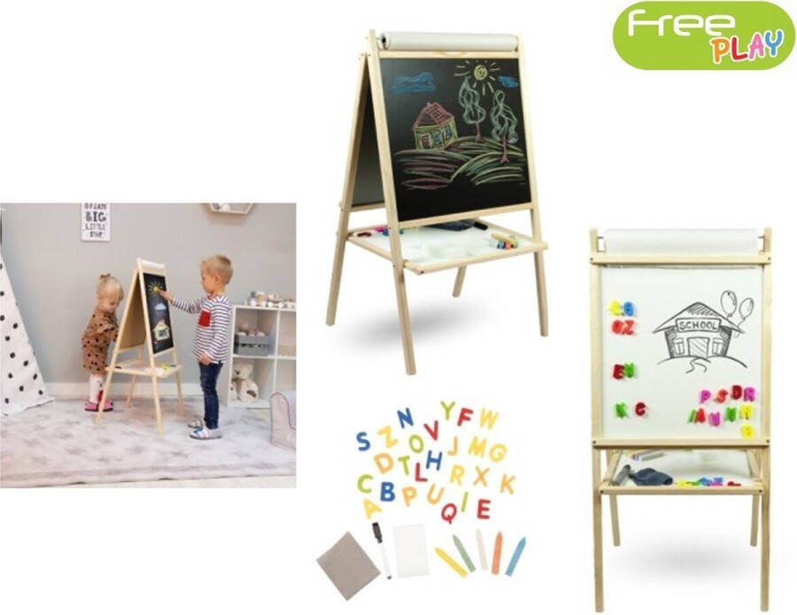 Freeplay Free Play Houten schoolbord Krijtbord voor kinderen Whiteboard (incl. rol papier)