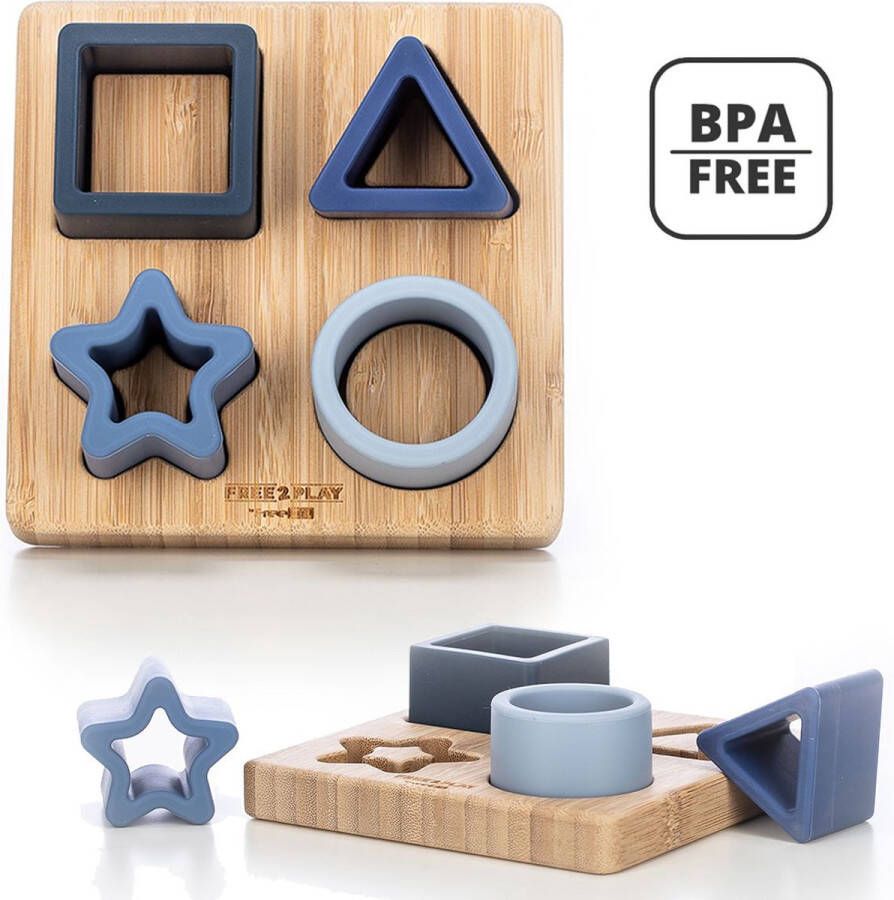 Freeplay Free2Play by FreeON Houten vormenpuzzel met siliconen vormen Babypuzzel Vormenstoof Blauw