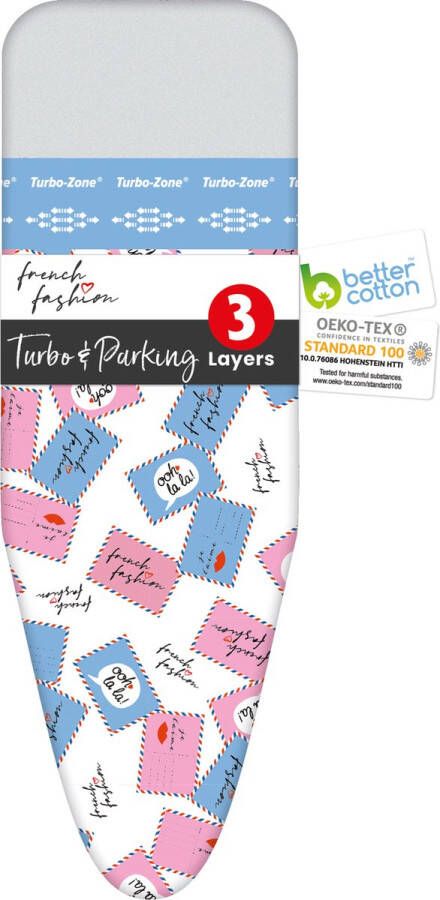 French Fashion Loveletters strijkplankovertrek Turbo & Parking – Maat L XL – Geschikt voor strijkplanken van max 140 x 52 cm (+Gratis Carl Cord Winder) Strijkhoes met Turbo-zone en parkeerzone