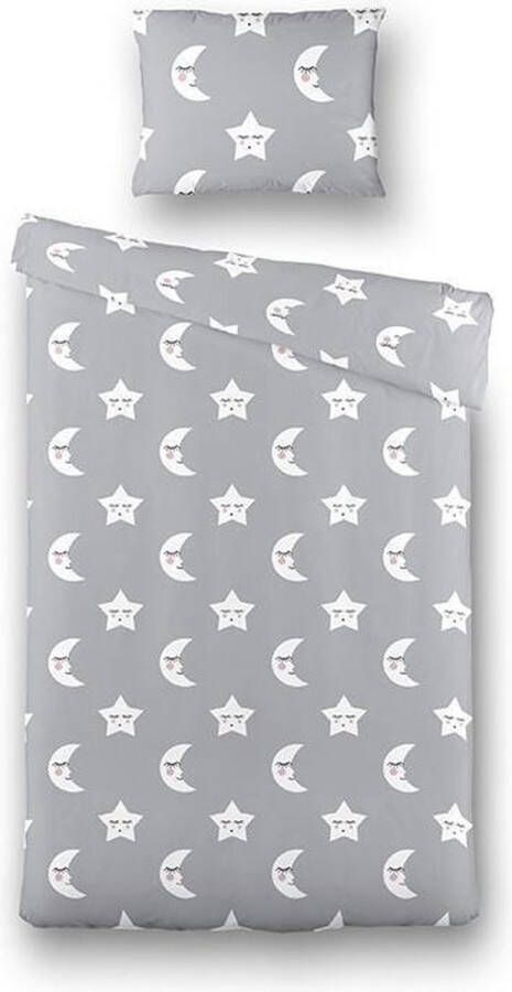 Fresh&Co Kids Fresh&Co Kids Junior Kinderdekbedovertrek Moon & Stars Grijs 120x150 cm Katoen Kinderdekbedovertrek met 1 Kussensloop