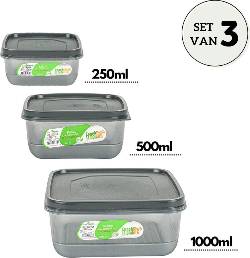 Freshlife Meal Prep Bakjes Set van 3 Antraciet Vershoudbakjes Diepvriesbakjes Vershouddoos Bewaarbakjes Magnetron bakjes Rubby