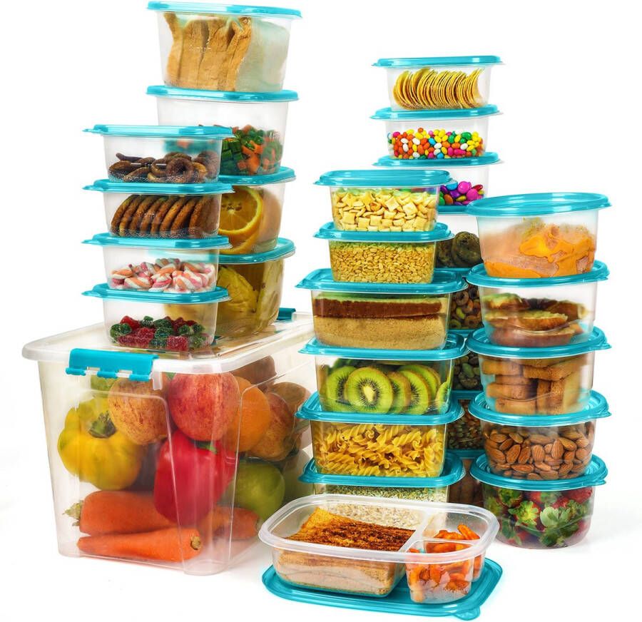 FRESHLY CONTAINED 33 Stuks Plastic Voedsel Containers BPA-vrije Herbruikbare Opslag Dozen Set met Deksels Luchtdichte Containers voor Keuken Kelder Mealprep en Lunches Magnetron Diepvries