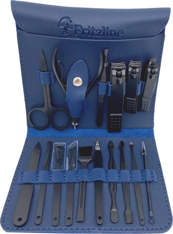 Fritzline Manicure Set 16-delig Nagelset incl. Nagelvijl & Nagelknipper met Blauw Lederen Etui