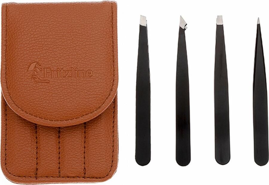 Fritzline 4-delige Luxe Pincet Set met Leren Etui Epileer Pincetten Tweezer Wenkbrauw Ontharen Epileren Ontharing