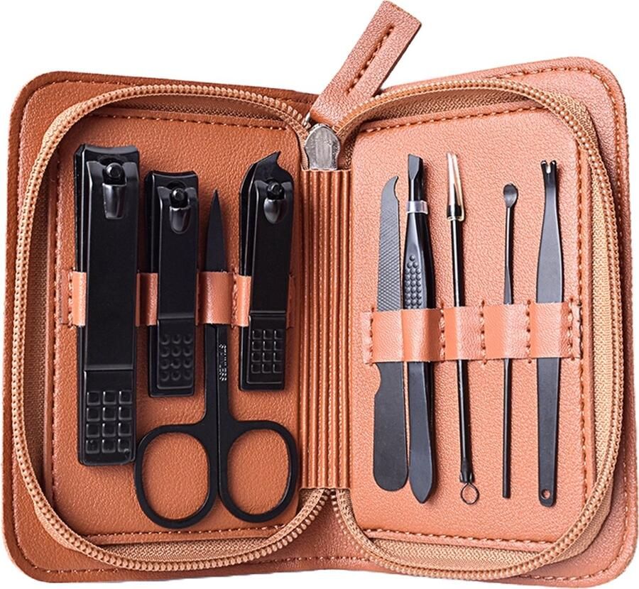 Fritzline 9-delige Luxe Manicure Set met Leren Etui Nagelknipper Nagelvijl Pedicure Set Manicureset wenkbrauw schaartje