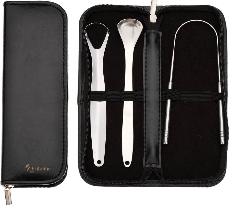 Fritzline Professionele Tongschraper met etui 3 in 1 Set voor Mondverzorging Tongreiniger Tong Schraper Tongue Scraper RVS