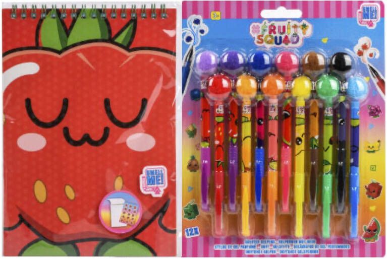 Fruity Squad Fruity-squad pom 12 gelpennen + kleurboek met sticker voordeel pakket