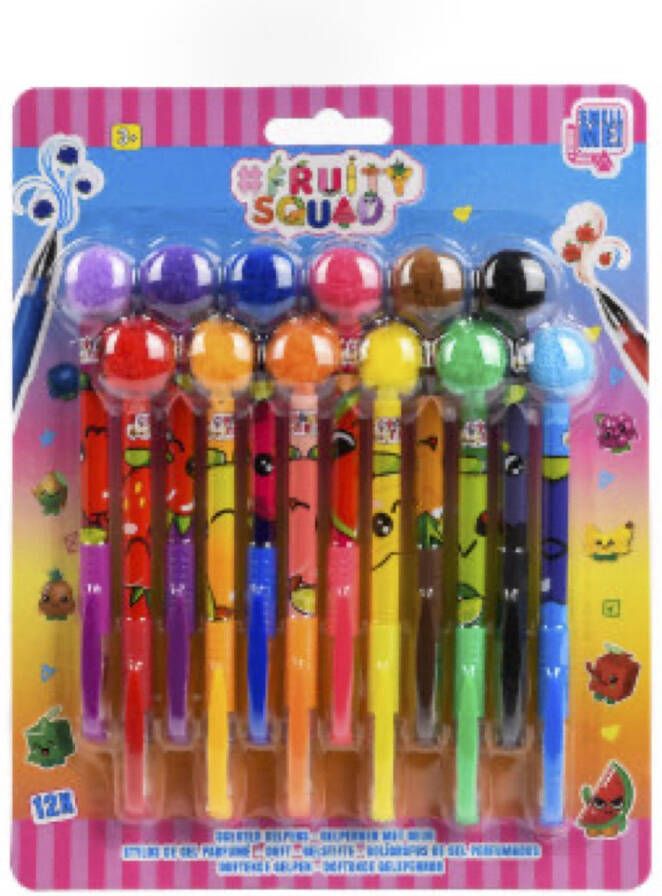 Fruity Squad FruitySquad Gelpennen 10 stuks Gelpennen met Pompom Gel Pennen Gelpen met Pluis Pluche Fruit Stiften Gel Pennen met Geur Kleuren met Geur Ruik Pennen Geurpennen Kleuren voor Peuters Kleuters & Kinderen