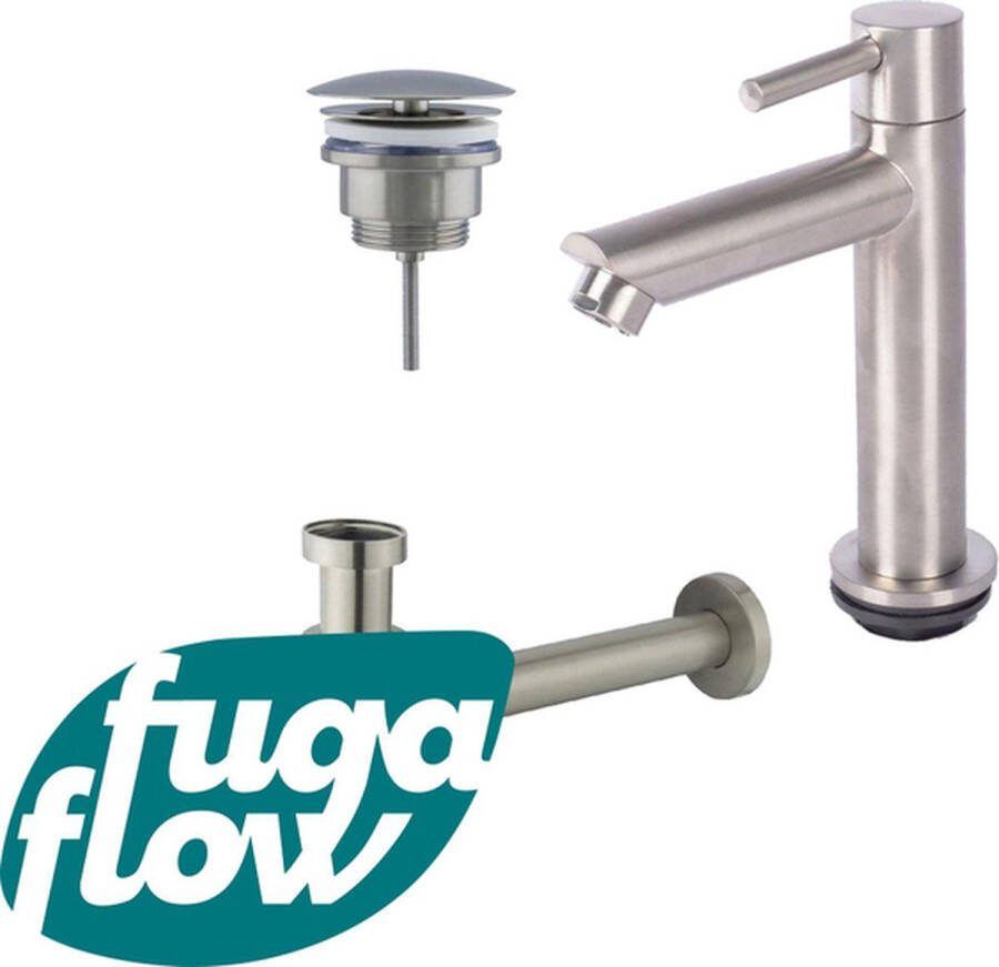 FugaFlow Eccelente Sobrado Badkamer fonteinkraanset met staande fonteinkraan laag always open plug en design sifon PVD Geborsteld RVS
