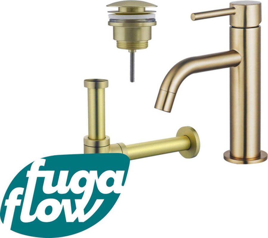 FugaFlow Eccelente Sobrado Badkamer Slim Wastafelkraanset lage wastafelkraan klikwaste plug design sifon PVD Geborsteld Messing