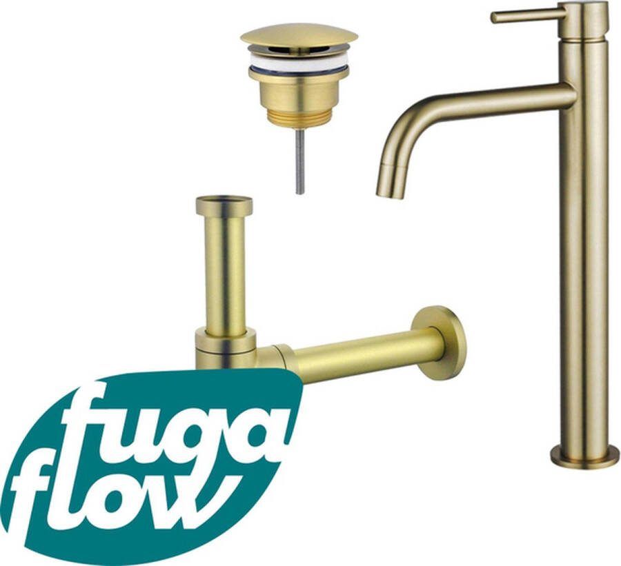 FugaFlow Eccelente Sobrado Badkamer Slim Wastafelkraanset verhoogde wastafelkraan always open plug design sifon PVD Geborsteld Messing